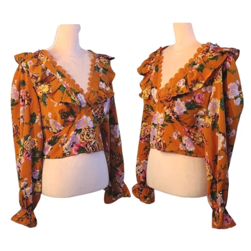 Milk & Honey Rustic Floral Lace Up Ruffled Long Sleeve Crop Blouse Large NWOT - Picture 6 of 15